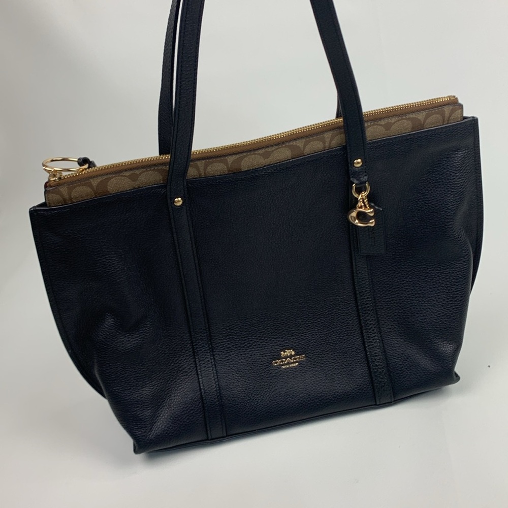 Coach Black Brown Pebbled Leather Signature C Tote shoulder bag Gold charm New - Picture 15 of 17